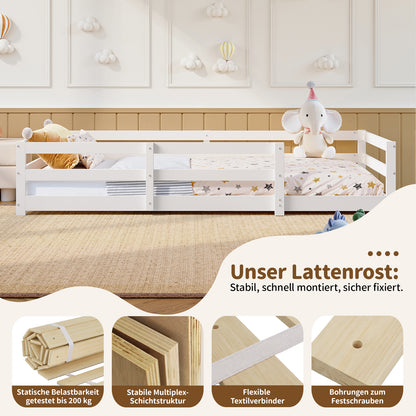 Montessori Bodenbett mit Schutzgitter – Flaches Bett ohne Boxspring nötig, aus Kiefernholz, schnell montiert (90x200 cm, weiß)
