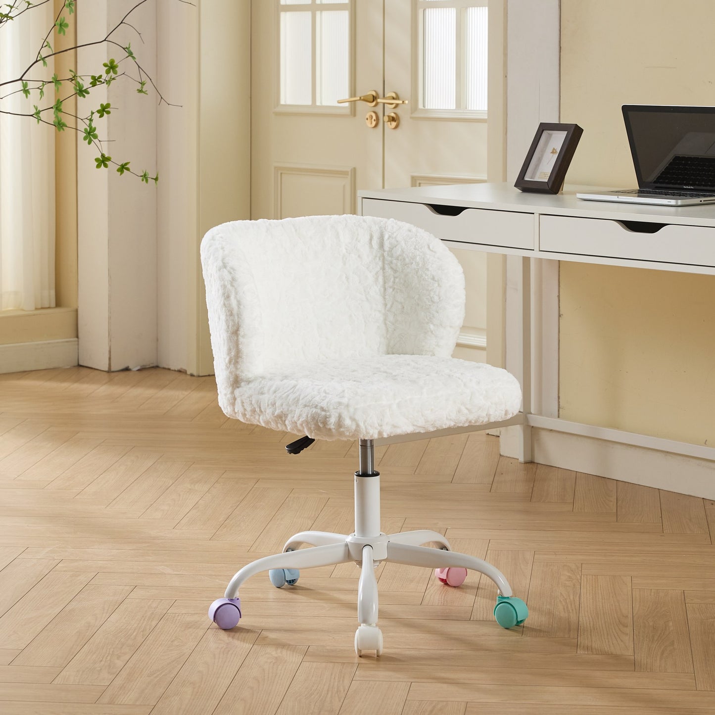 Gigab2b original image - Girls Faux Rabbit Fur Desk Chair, Cute Fluffy Adjustable Swivel Vanity Chair with Silent Colorful Wheels, Soft Upholstered Office Chair for Bedroom, Study Room and Dorm, Cream,Beige