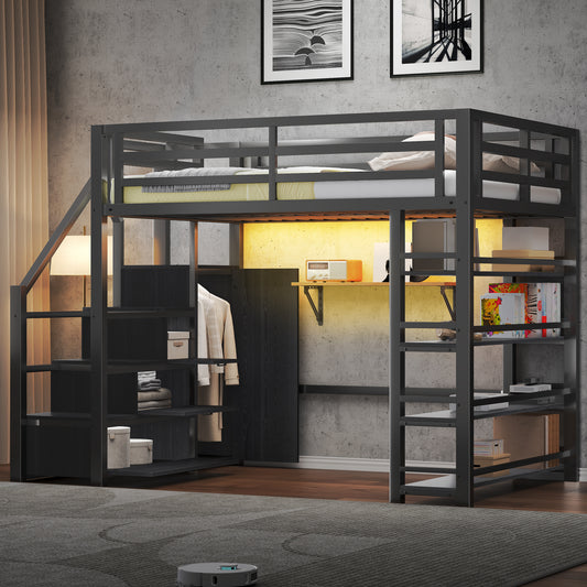 140x200 Metall-Hochbett mit Ablagefächern, Schränken und Kleiderschrank, LED-Beleuchtung, Schwarz