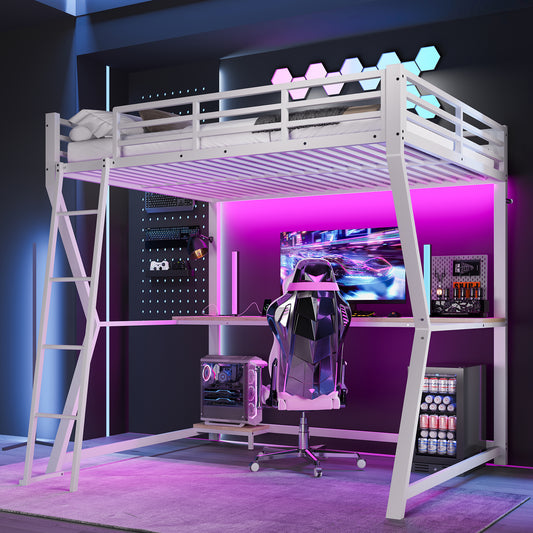 Gigab2b original image - Hochbett, 140*200cm , Mit LED-Leuchten, Computerkonsolenablage, Schreibtisch, Steckdose+USB, Geländer, Treppe, ohne Matratze, Weiß