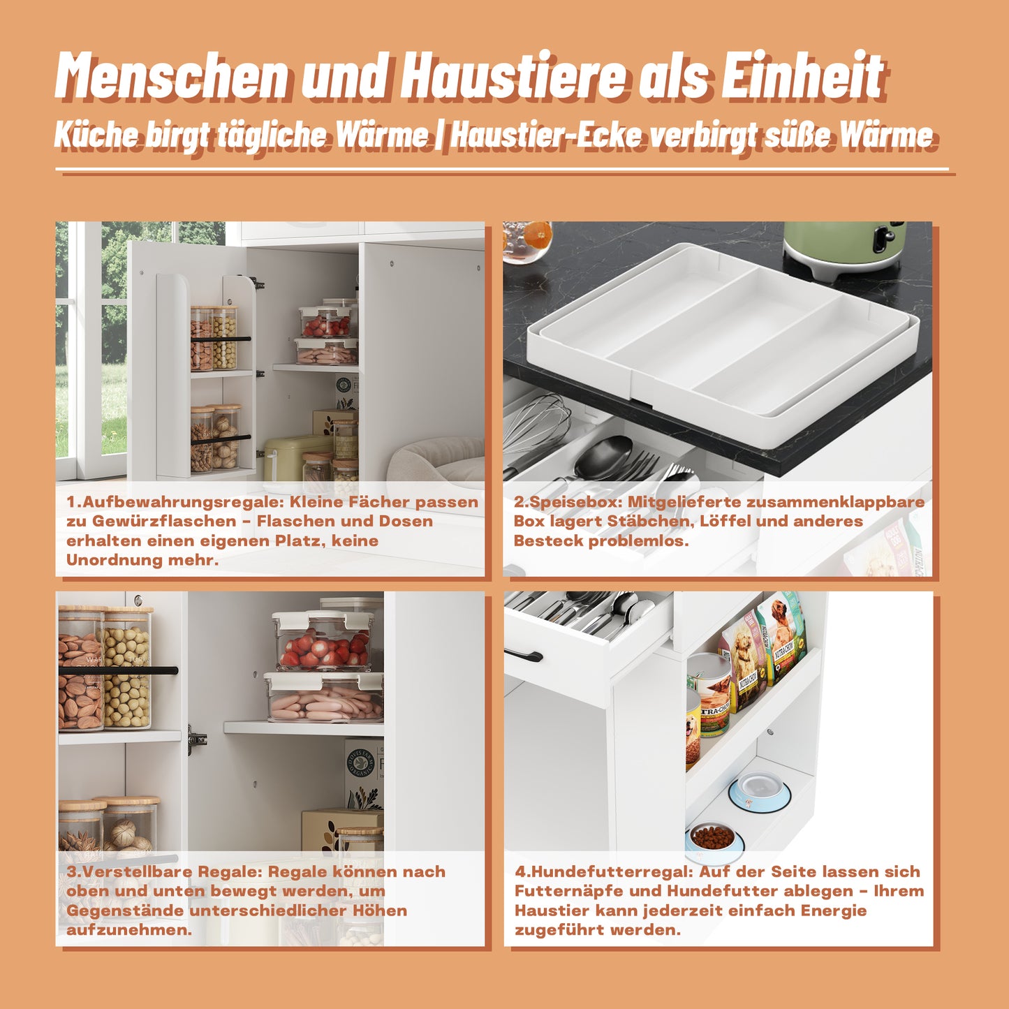 Kücheninsel, Schrank mit 3 Schubladen, 1 Gewürzablage, verstellbare Regalplatte, Doppelablage (ohne Hundefutterteller), geräumiger Haustieraufbewahrungsbereich (ohne Hundekissen), 120*60*90 cm, weiß