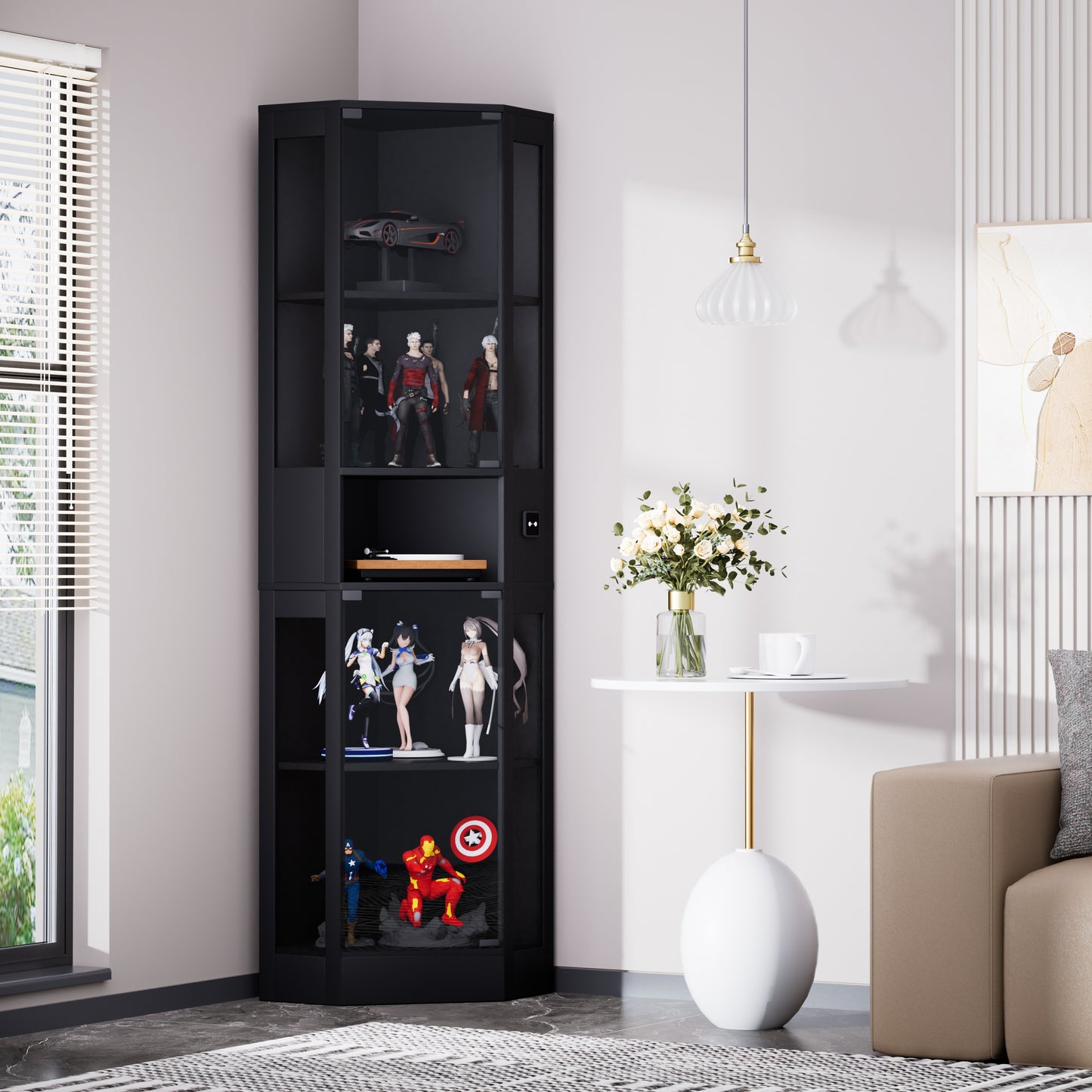 Funfstockige Glasvitrine mit Stauraum, LED-Beleuchtung, Glasturen und intelligenten Sensoren Geeignet fur