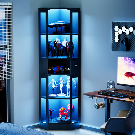 Gigab2b original image - Fünfstöckige Glasvitrine mit Stauraum, LED-Beleuchtung, Glastüren und intelligenten Sensoren. Geeignet für Wohnzimmer, Schlafzimmer und Büros.Schwarz.