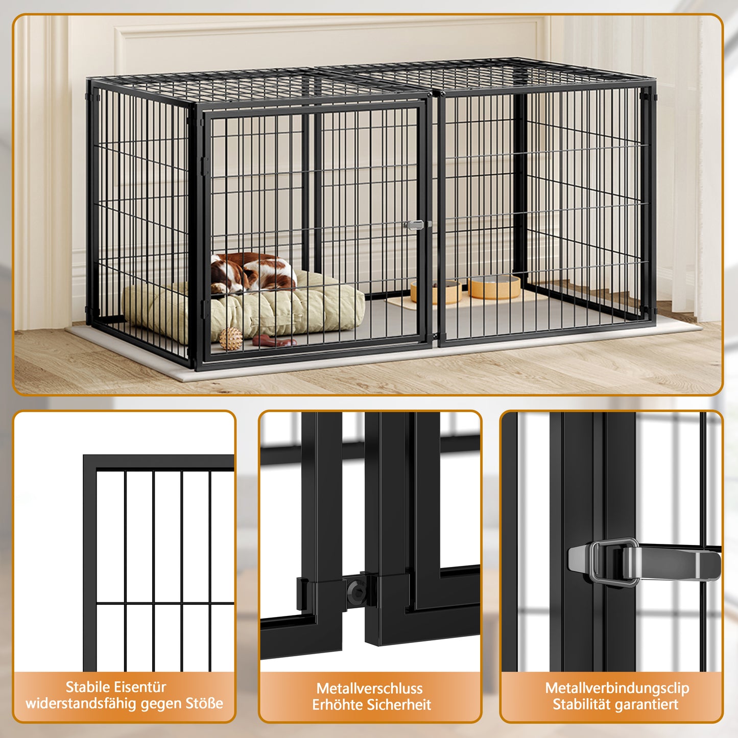 Basics Modulare Hundebox 120x60x60 cm, Flexibler Hunde-Käfig mit Sicherheitsdeckel & Verstellbarer Tür, Aus Stahl mit Rostschutz, inkl. PVC-Auflage, Schwarz