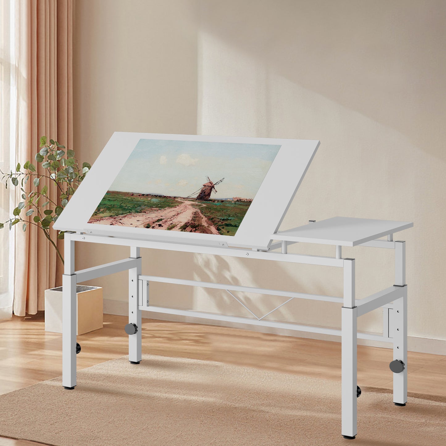 Adjustable Drafting Table, White Drawing Desk with Tilting Top & 4 Leveling Feet for Office, Study Room, Drawing Room, Classroom
