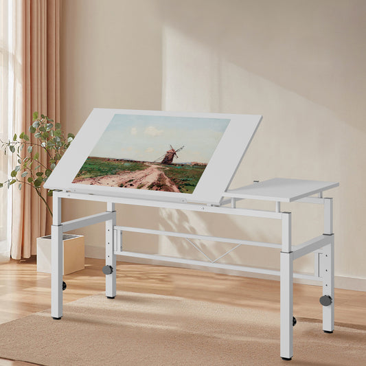 Adjustable Drafting Table, White Drawing Desk with Tilting Top & 4 Leveling Feet for Office, Study Room, Drawing Room, Classroom
