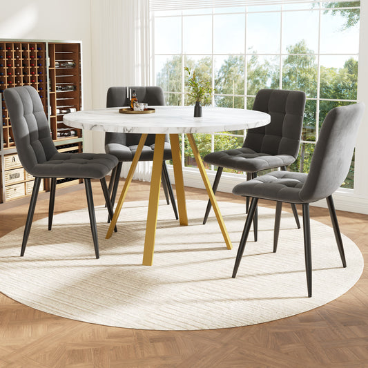 Gigab2b original image - Esstisch-Set (5-teilig), runder Esstisch, 80×80×75 cm Esstisch (inkl. 4 Esszimmerstühle), runder Couchtisch für 4 Personen, Samtstühle (inkl. weißem Marmortisch), graue Esszimmerstühle