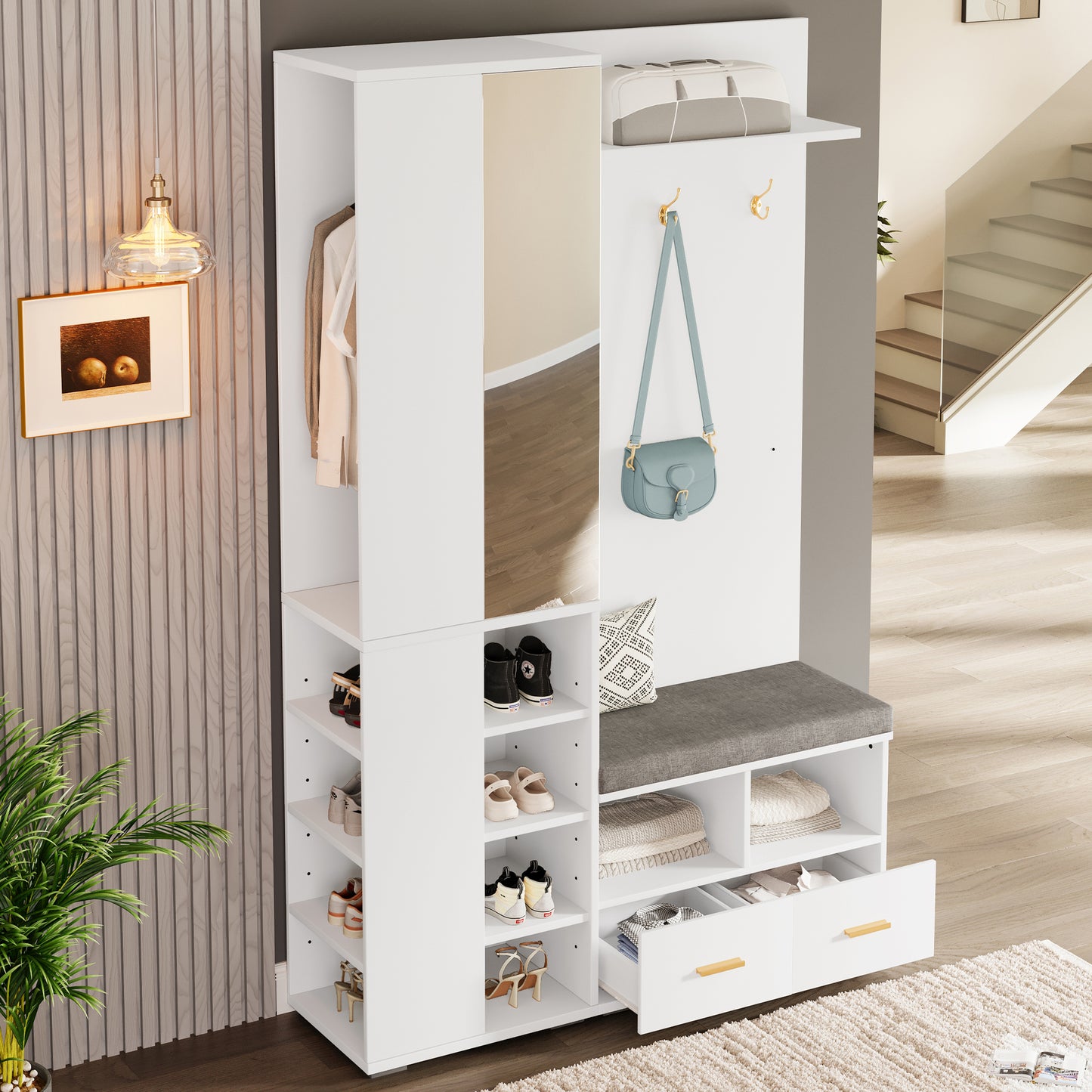 Gigab2b original image - Garderobenset Wandgarderobe, Flurschrank mit Spiegel, Kleiderstange, Schuhbank mit durchbrochenem Regal, 3 Haken, 2 Schubladen und Ablagefach, Weiß, 120x35x190 cm.