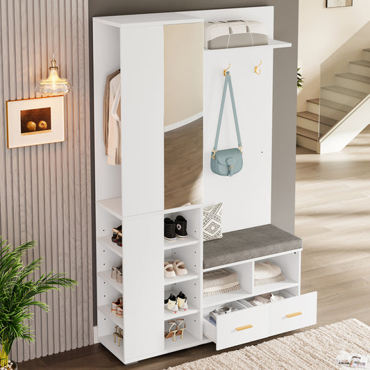 Gigab2b original image - Garderobenset Wandgarderobe, Flurschrank mit Spiegel, Kleiderstange, Schuhbank mit durchbrochenem Regal, 3 Haken, 2 Schubladen und Ablagefach, Weiß, 120x35x190 cm.