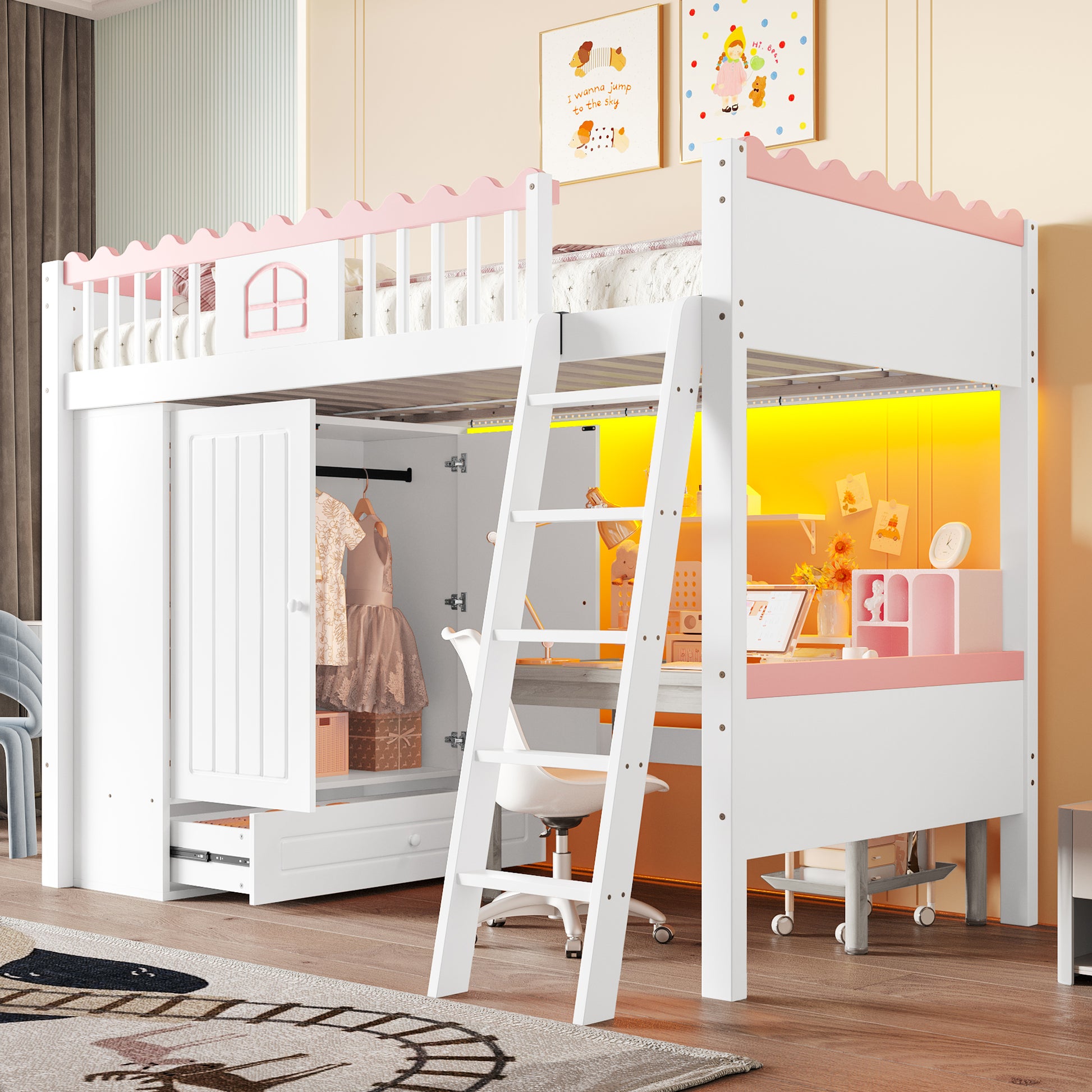 Gigab2b original image - Hochbett, Einzelbett(Ohne Matratze), Kinderbett, mit LED-Leuchten, mit Kleiderschrank, mit Ablageschublade, EN747 zertifiziert, Kiefernholz, 90x200cm, Weiß
