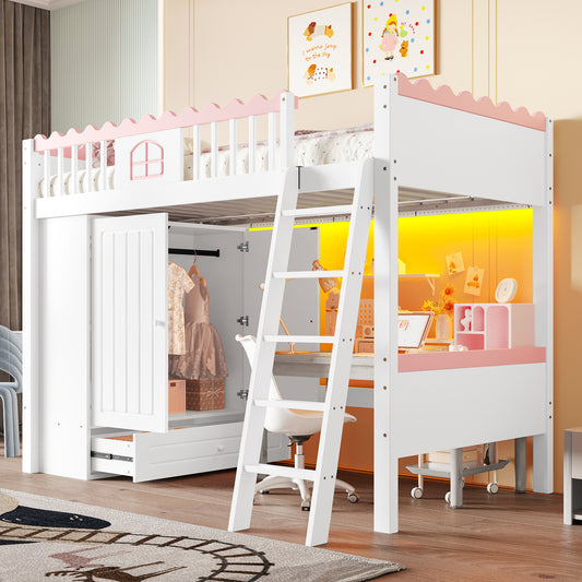Gigab2b original image - Hochbett, Einzelbett(Ohne Matratze), Kinderbett, mit LED-Leuchten, mit Kleiderschrank, mit Ablageschublade, EN747 zertifiziert, Kiefernholz, 90x200cm, Weiß