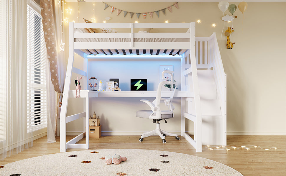 90x200 großes Hochbett aus Holz mit Schreibtisch, LED-Beleuchtung, USB-Anschluss und Treppe mit Stauraum, Weiß