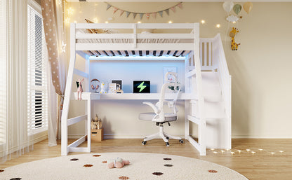 90x200 großes Hochbett aus Holz mit Schreibtisch, LED-Beleuchtung, USB-Anschluss und Treppe mit Stauraum, Weiß