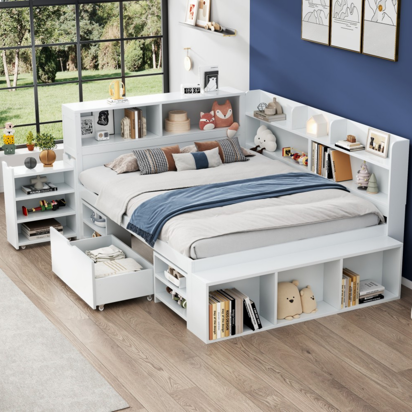Gigab2b original image - Kinderbett, 140*200 cm, Einzelbett, multifunktionales Kinderbett mit Schubladen, Bücherregal und Stauschrank, großer Stauraum, Lattenrost, ohne Matratze, weiß