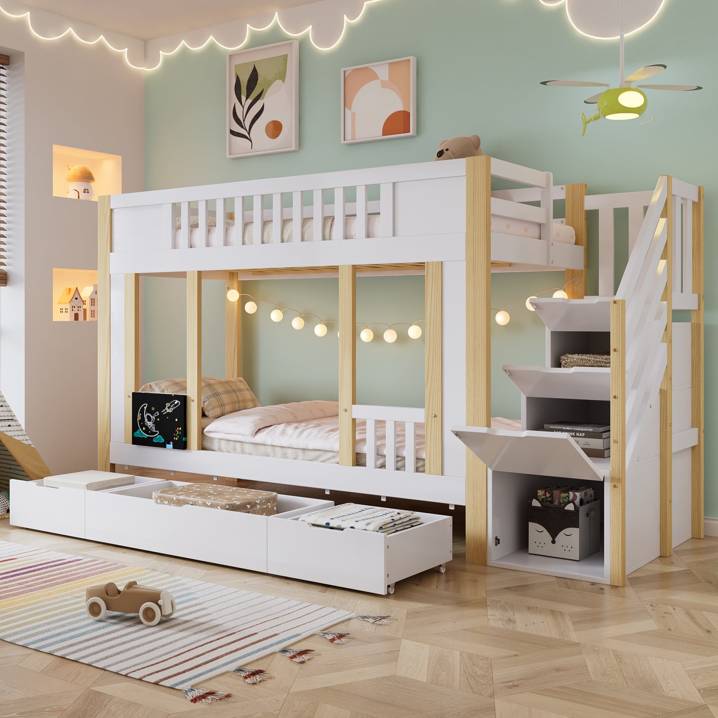 Gigab2b original image - Etagenbett, Kinderbett, Treppenschrank mit Stauraumfunktion, Drei Schubladen auf Rollen, Kleine Tafel zum Kritzeln, Kiefer + MDF+PB+Sperrholz, Weiß+Natur, 90x200cm