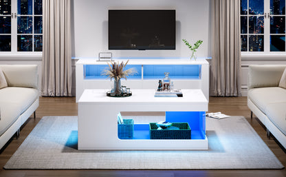 Wohnzimmer-Couchtisch 50*100*35cm, durchbrochener Teetisch, großer Hochglanz-kaffeetisch mit Ablageflächen aus gehärtetem Glas auf beiden Seiten, Beistelltisch mit LED-Lichtleiste, weiß, Spanplatte.