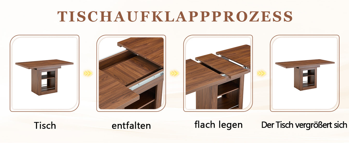 Moderner ausziehbarer Esstisch aus Nussbaumholz mit Ablage, platzsparender Küchentisch aus Holz für 4–8 Personen, ausziehbarer Esstisch mit Metallschienen
