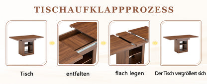 Moderner ausziehbarer Esstisch aus Nussbaumholz mit Ablage, platzsparender Küchentisch aus Holz für 4–8 Personen, ausziehbarer Esstisch mit Metallschienen