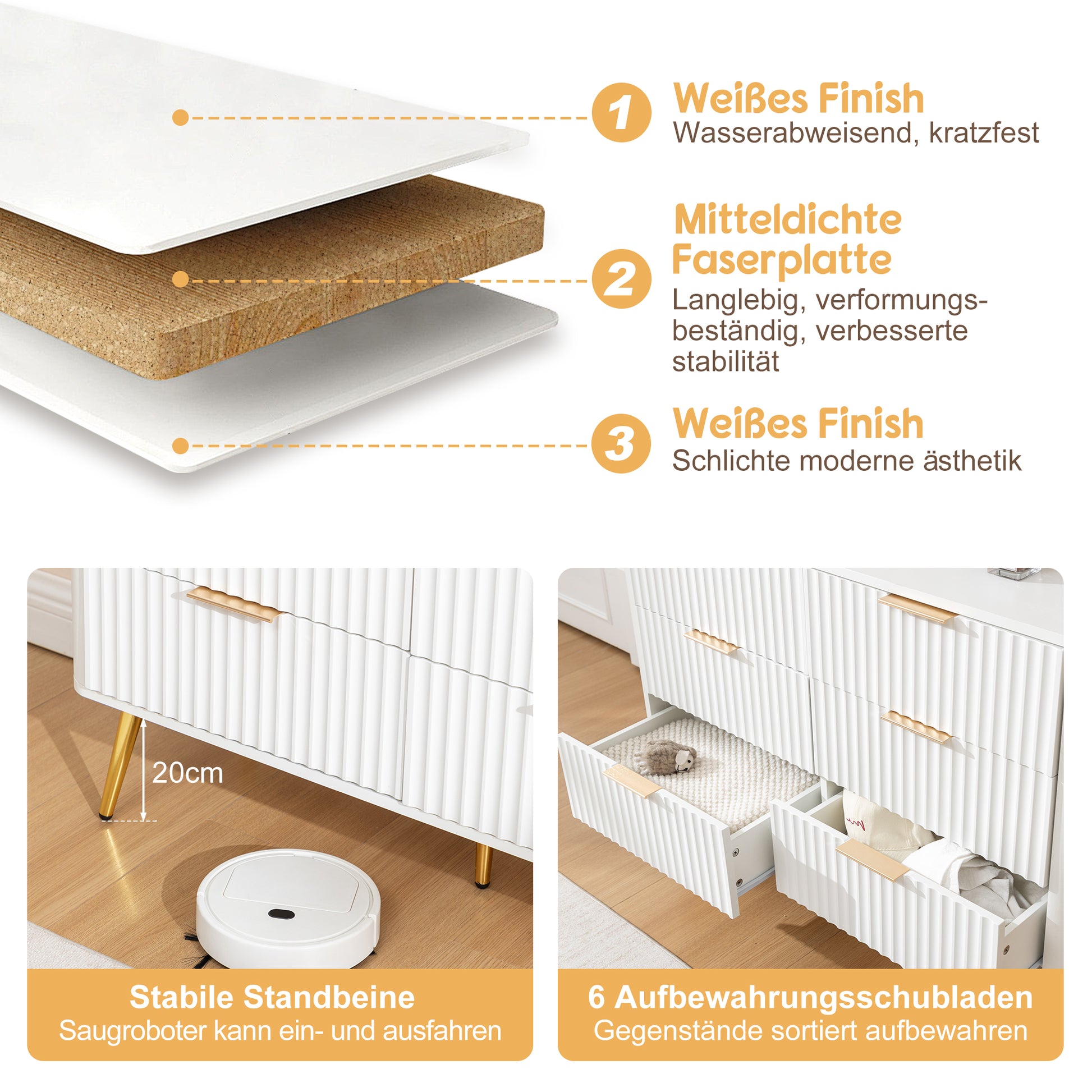 6-Drawer Dresser, Modern White Storage Chest with Metal Handles & Soft-Closing Slides, Sturdy MDF Bedroom Dresser for Living Room Hallway – Anti-Tip Device, 20cm Raised Legs for Robot Vacuum