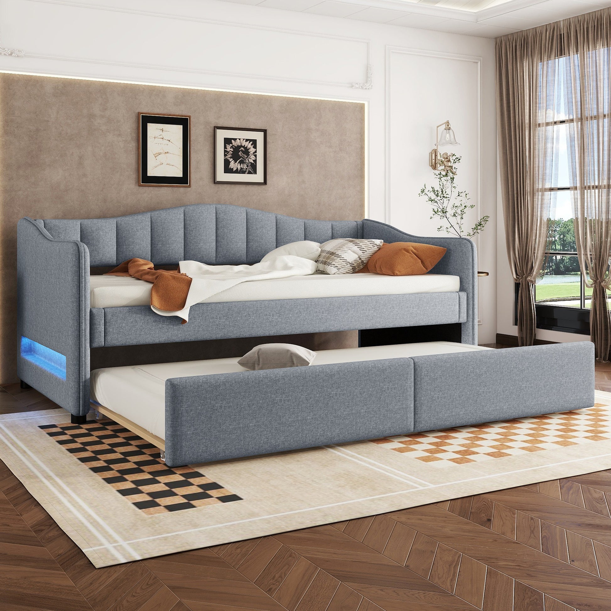 Daybettt, 90x200cm Tagesbett mit ausziehbarem Bett, Schlafsofa, Einzelbett(Ohne Matratze), Ambiente-Licht-Design, Leinen, minimalistisches Styling, Grau