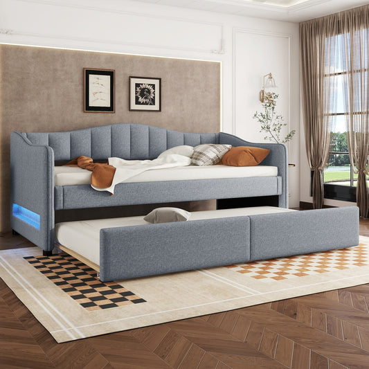 Daybettt, 90x200cm Tagesbett mit ausziehbarem Bett, Schlafsofa, Einzelbett(Ohne Matratze), Ambiente-Licht-Design, Leinen, minimalistisches Styling, Grau