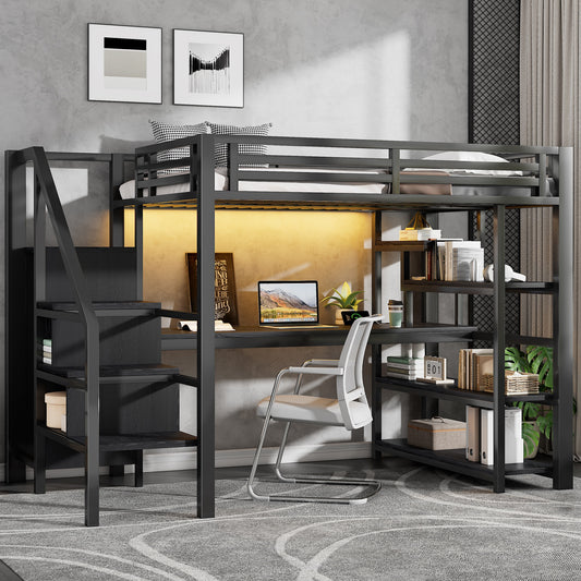 140x200cm Metall-Hochbett mit Treppe, offenem Kleiderschrank, integriertem Schreibtisch, Staufächern, USB-Ladestation und LED-Beleuchtung; schwarz.