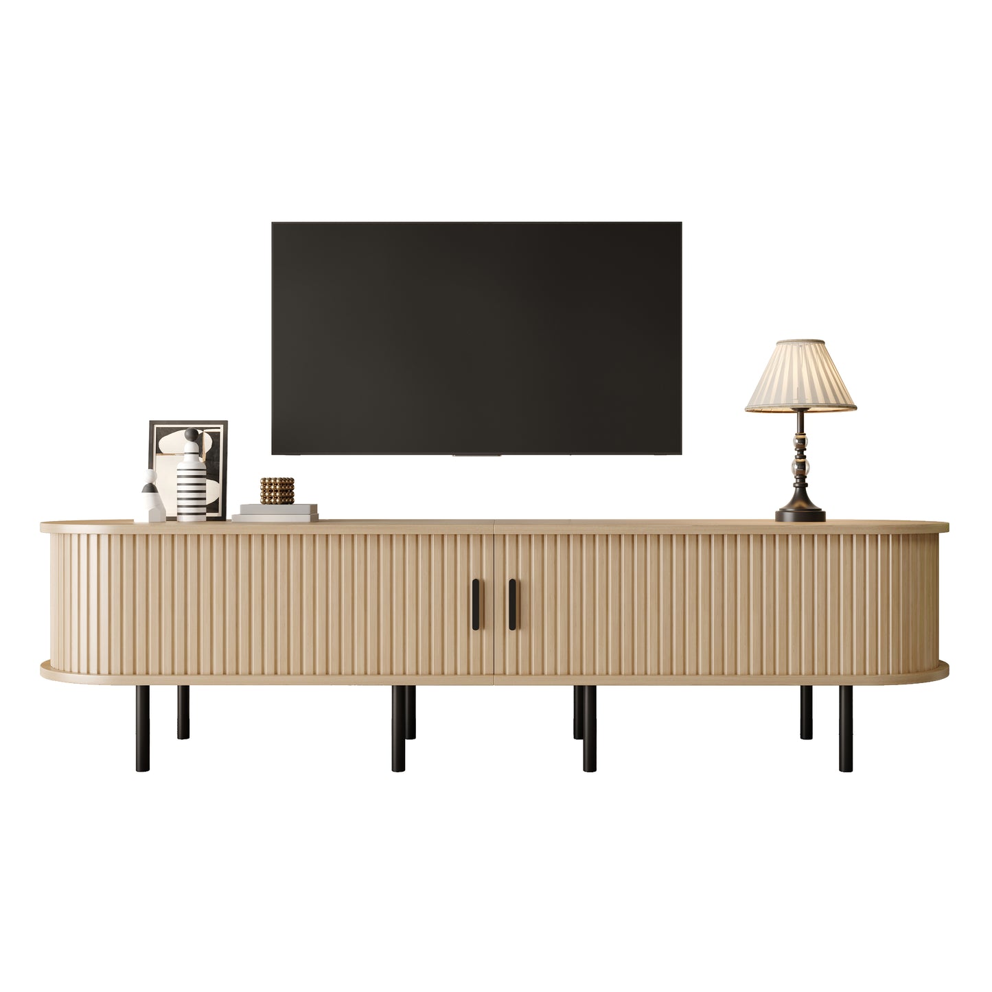 Gigab2b original image - Geriffener elliptischer TV-Schrank mit Schiebetüren, 2 offene Fächer, Wohnzimmer-Medienkommode, MDF-Material, Metallfüße, abgerundete Ecken, moderner
