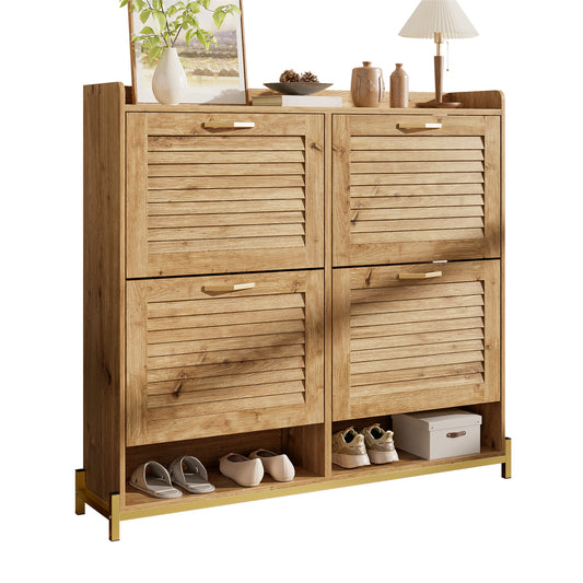 Gigab2b original image - Moderner Schuhschrank mit Türen aus Holzleisten – Flurschrank mit 4 Türen, Metallrahmen und Ablage – Platzsparender Schuh-Organizer für Eingangsbereich, Flur oder Schlafzimmer (108,5×24×100 cm)