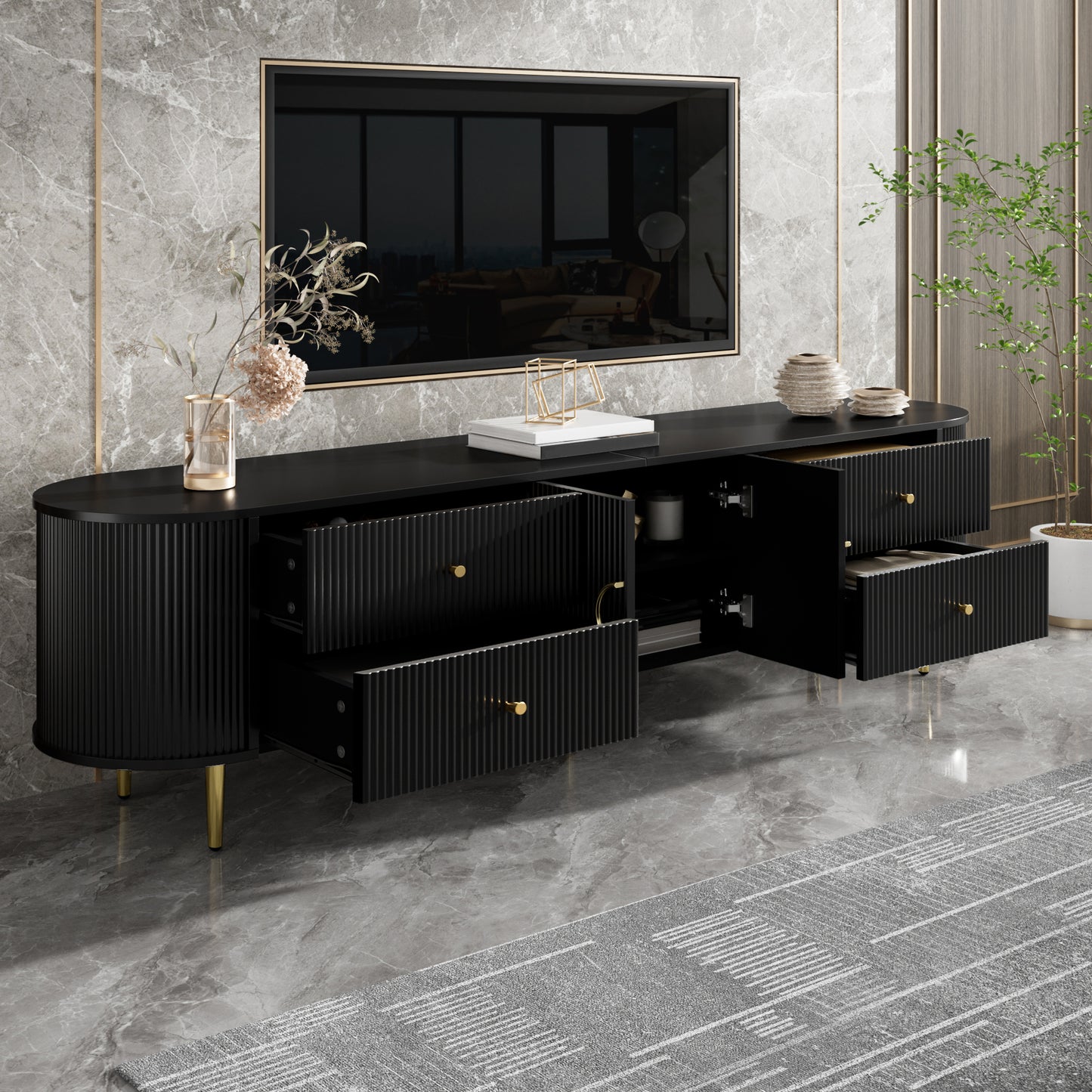 TV-Schrank, Lowboard, dreidimensionale Wellenstruktur, abgerundete Kanten, MDF-Korpus, Aluminiumgriffe, Eisenfüße, fester Einlegeboden, Kabeldurchlass, Wohnzimmer