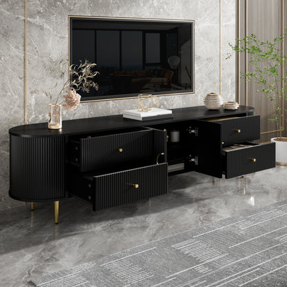 TV-Schrank, Lowboard, dreidimensionale Wellenstruktur, abgerundete Kanten, MDF-Korpus, Aluminiumgriffe, Eisenfüße, fester Einlegeboden, Kabeldurchlass, Wohnzimmer