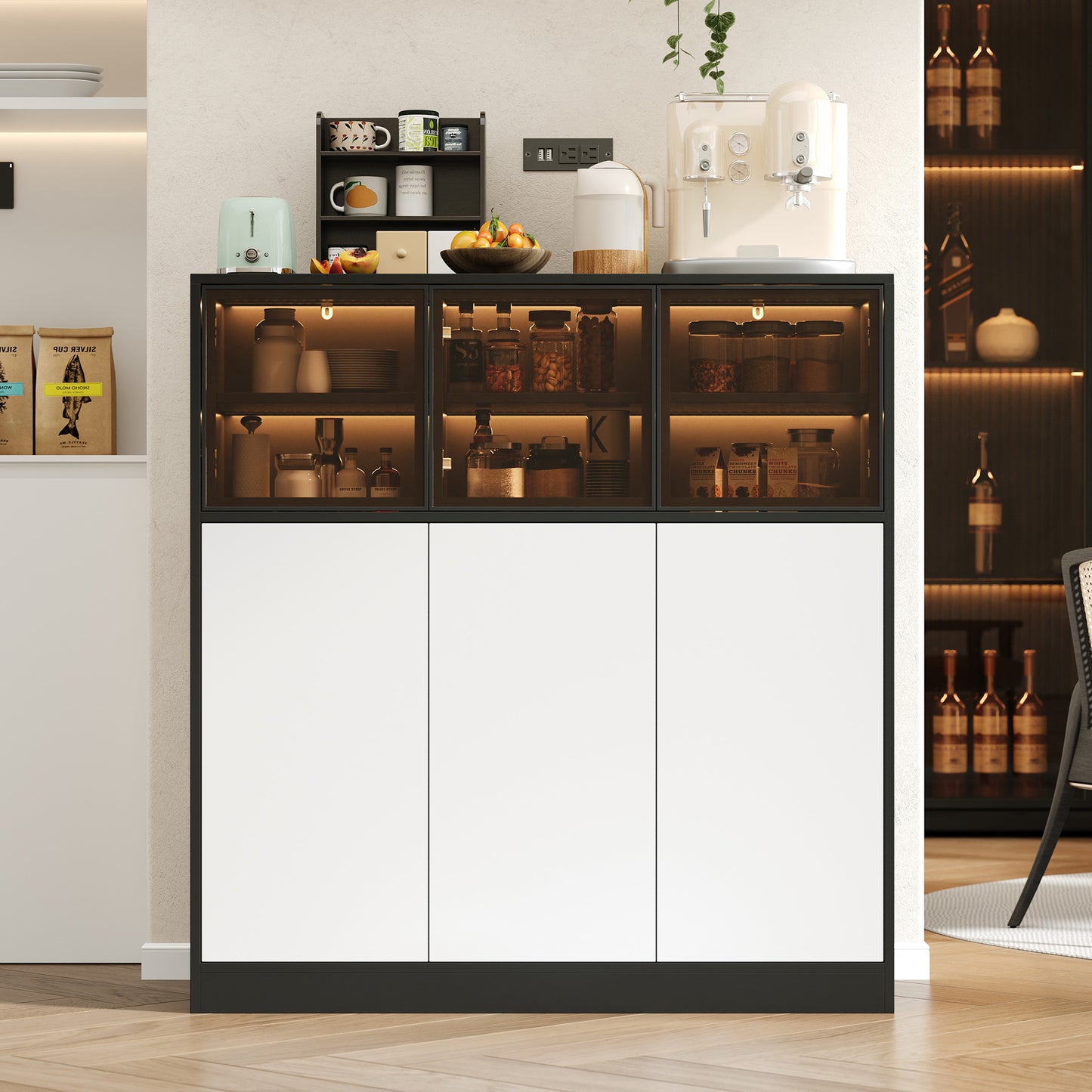 Sideboard,Küchenschrank, Aufbewahrungsschrank. Geeignet für Wohnzimmer, Küche, Esszimmer, mit Beleuchtung, 3 Glastüren, 3 weiße Türen, 100 x 40 x 105 cm, (Old Sku: N657P36865556S)