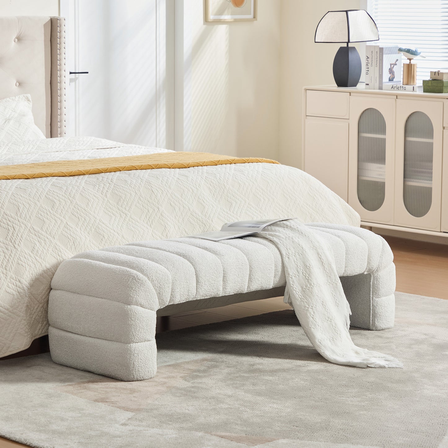 Gigab2b original image - Moderner armlehnloser Chenille-Polsterbettbank mit Rillenpolsterung, Chaiselongue & Hocker für Wohnzimmer, Schlafzimmer, Eingangsbereich,Ivory