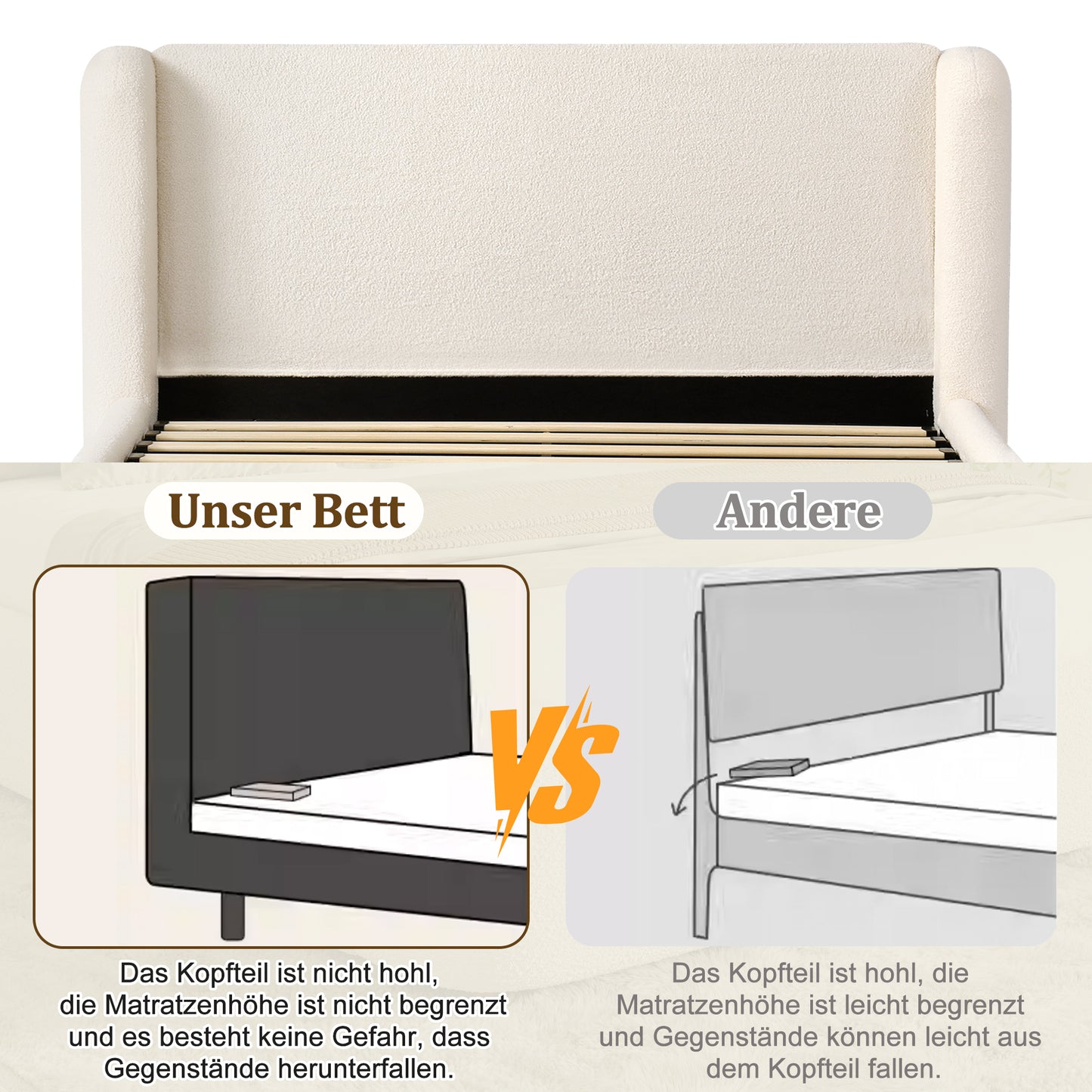 Polsterbett,Doppelbett,hydraulisches Funktionsbett,Bett mit Lattenrost, Kopfteil und  großem Stauraum, gepolstertes Kopfteil, Beige Bouclé, 180 x 200