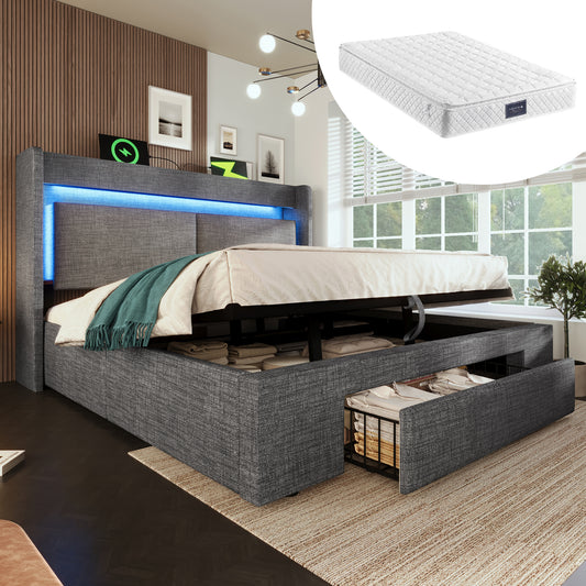 Gigab2b original image - Polsterbett 160x200 cm mit hydraulischem Stauraum und Kopfteil mit Aufbewahrungsfach, LED-Beleuchtung sowie USB & USB-C Anschluss, Holzlatten-Bettgestell, Grau, Leinen, Mit Matratze