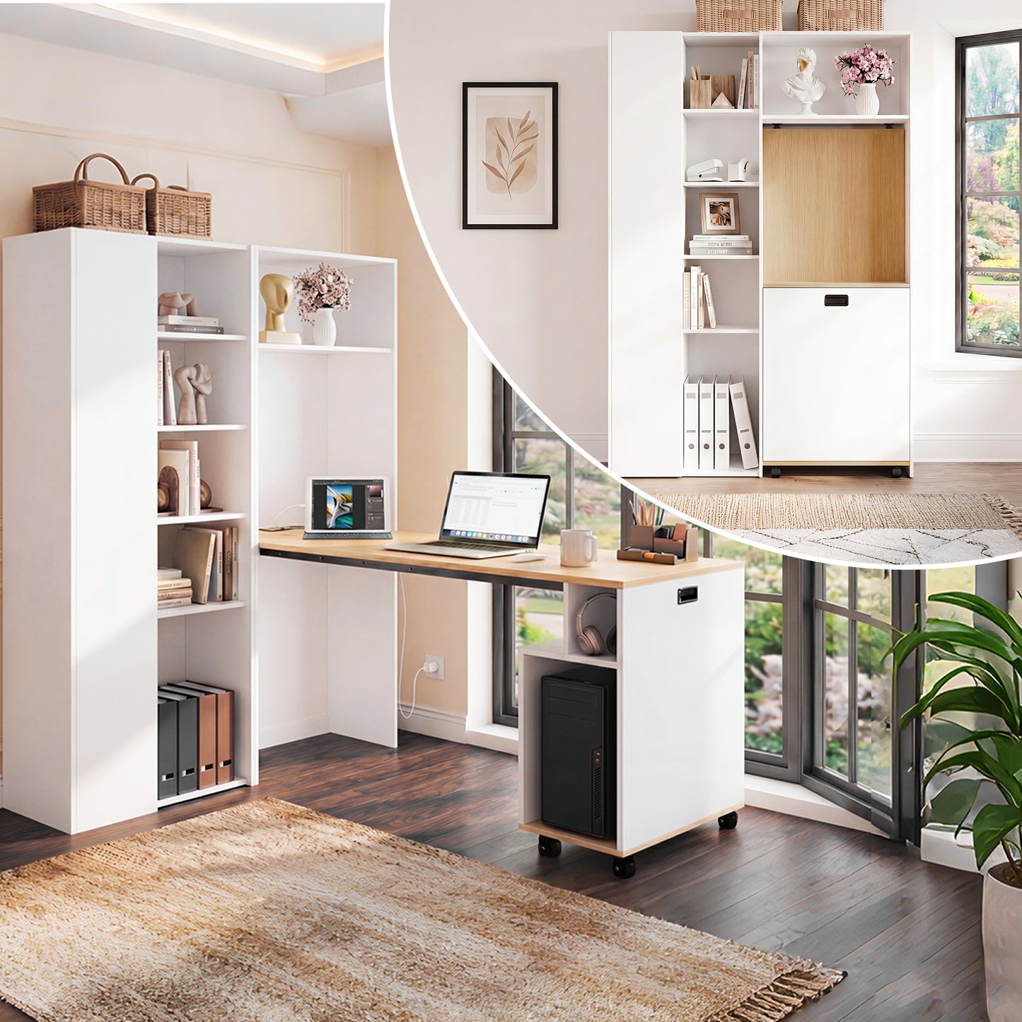 Gigab2b original image - Klappbarer Schreibtisch mit Ablagen –2-in-1-Bücherregal und Schreibtisch, klappbar, mit Steckdose und USB-Anschluss, höhenverstellbare Ablagen, Kippschutz, weiß-Schreibtisch,Eck-Schreibtisch –links