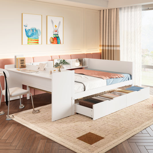 Gigab2b original image - Flachbett, Holzbett, 140x200cm, mit Schreibtisch, ausgestattet mit 2 Schubladen, Doppelbett(Ohne Matratze), mit Regalen, Kiefer + Spanplatte, weiß