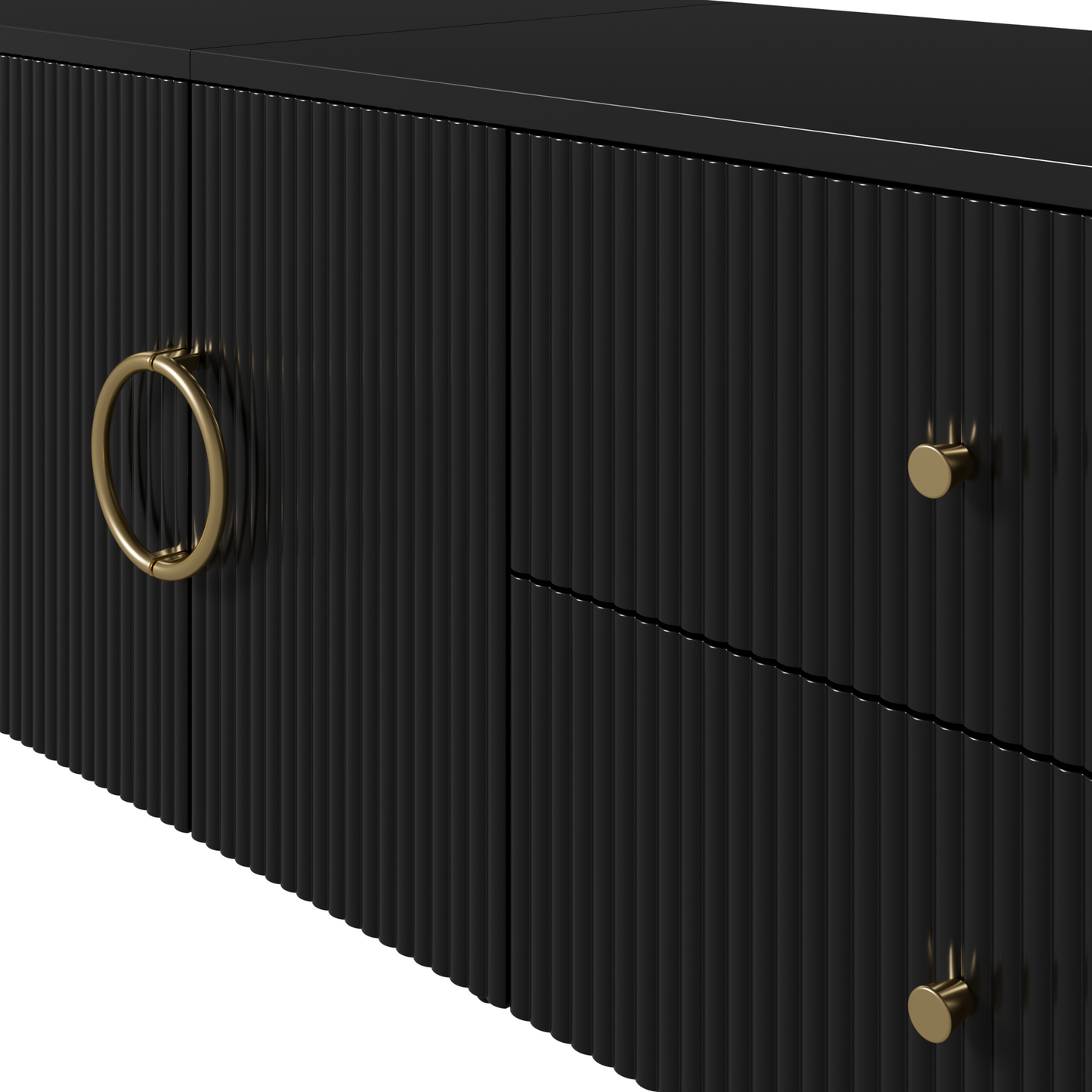 TV-Schrank, Lowboard, dreidimensionale Wellenstruktur, abgerundete Kanten, MDF-Korpus, Aluminiumgriffe, Eisenfüße, fester Einlegeboden, Kabeldurchlass, Wohnzimmer
