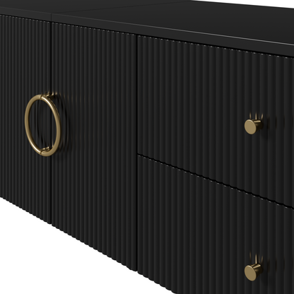 TV-Schrank, Lowboard, dreidimensionale Wellenstruktur, abgerundete Kanten, MDF-Korpus, Aluminiumgriffe, Eisenfüße, fester Einlegeboden, Kabeldurchlass, Wohnzimmer