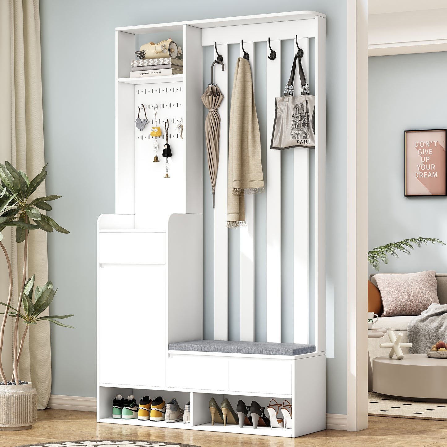 Gigab2b original image - Flurgarderobe mit gepolsterter Aufbewahrungsbank, multifunktionaler Flur-Schuhschrank mit Stecktafel, moderne Garderobe mit 4 Haken für Eingangsbereich, Waschküche, Weiß,H180/B100/T35 cm