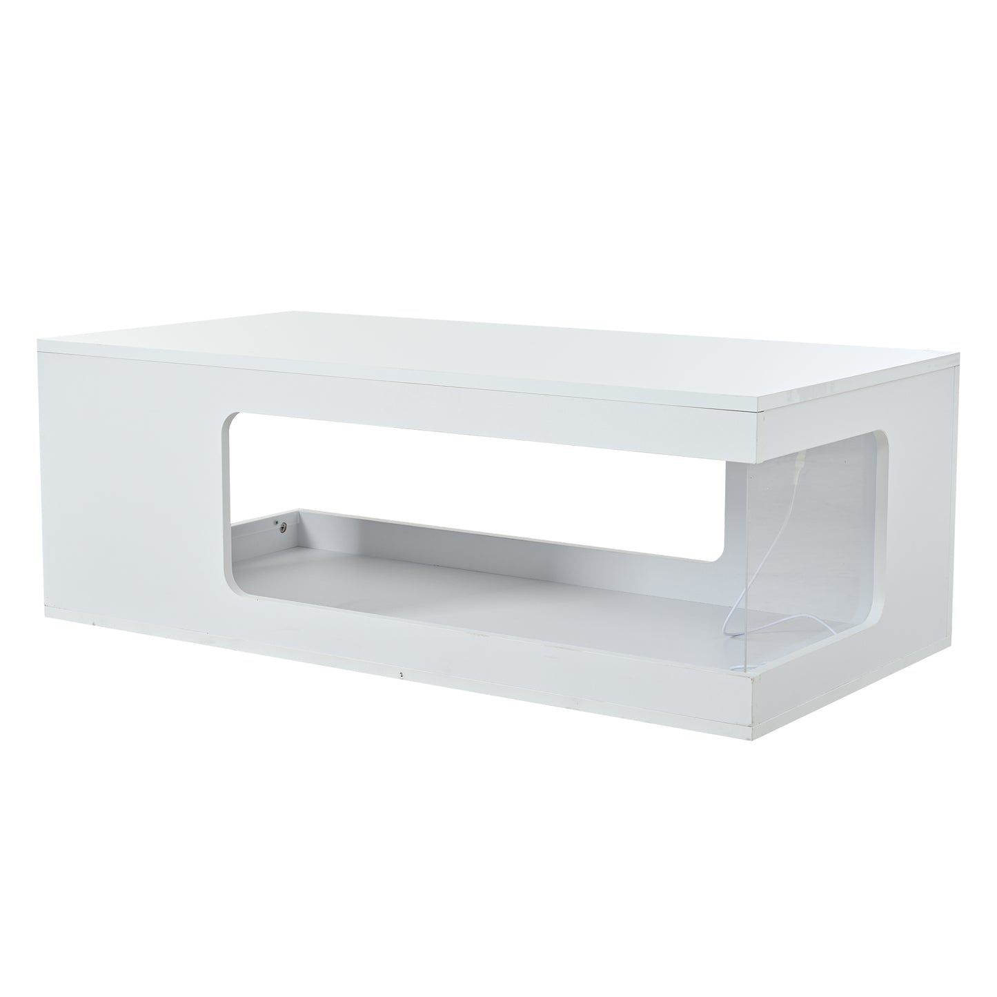 Wohnzimmer-Couchtisch 50*100*35cm, durchbrochener Teetisch, großer Hochglanz-kaffeetisch mit Ablageflächen aus gehärtetem Glas auf beiden Seiten, Beistelltisch mit LED-Lichtleiste, weiß, Spanplatte.