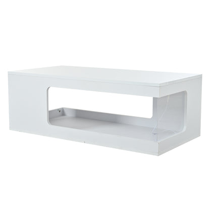 Wohnzimmer-Couchtisch 50*100*35cm, durchbrochener Teetisch, großer Hochglanz-kaffeetisch mit Ablageflächen aus gehärtetem Glas auf beiden Seiten, Beistelltisch mit LED-Lichtleiste, weiß, Spanplatte.