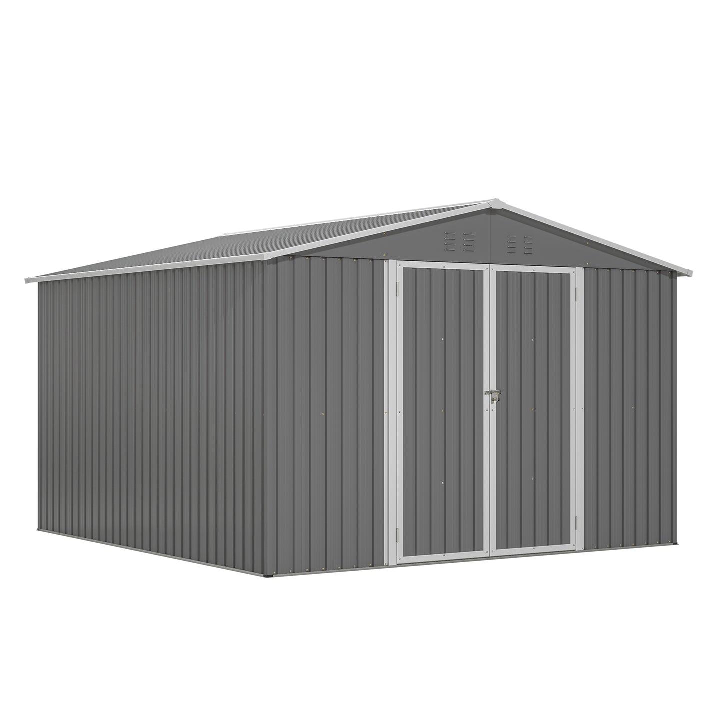 10'x10' Metal Storage Shed with Floor Frame, Heavy Duty Steel Garden Shed, Lockable Doors & Weather Resistant for Backyard Patio Lawn – Grey