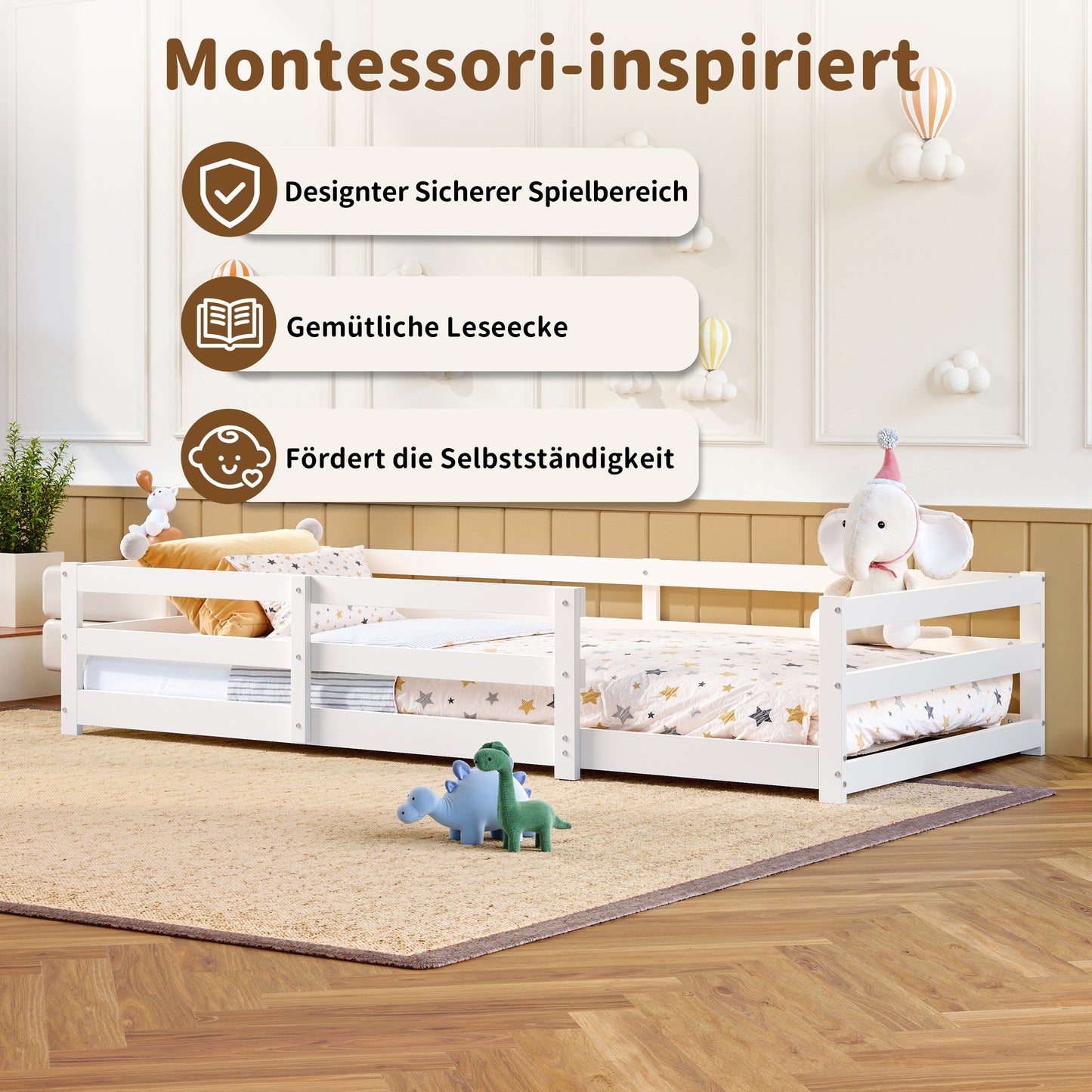 Montessori Bodenbett mit Schutzgitter – Flaches Bett ohne Boxspring nötig, aus Kiefernholz, schnell montiert (90x200 cm, weiß)