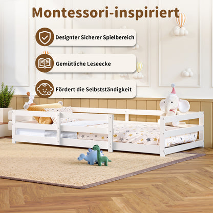 Montessori Bodenbett mit Schutzgitter – Flaches Bett ohne Boxspring nötig, aus Kiefernholz, schnell montiert (90x200 cm, weiß)
