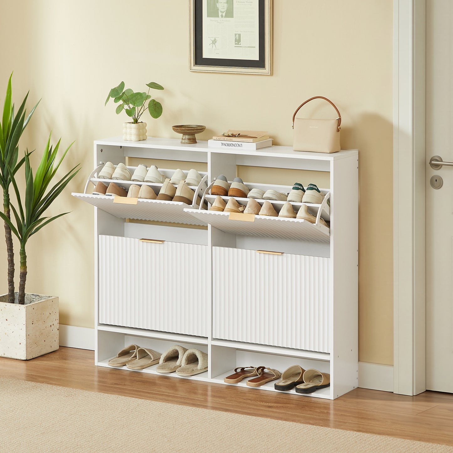 120 x 24 cm Schuhschrank mit Nutfront – Höhenverstellbar mit Kippschutz und Dekotisch für den Flur, in Weiß