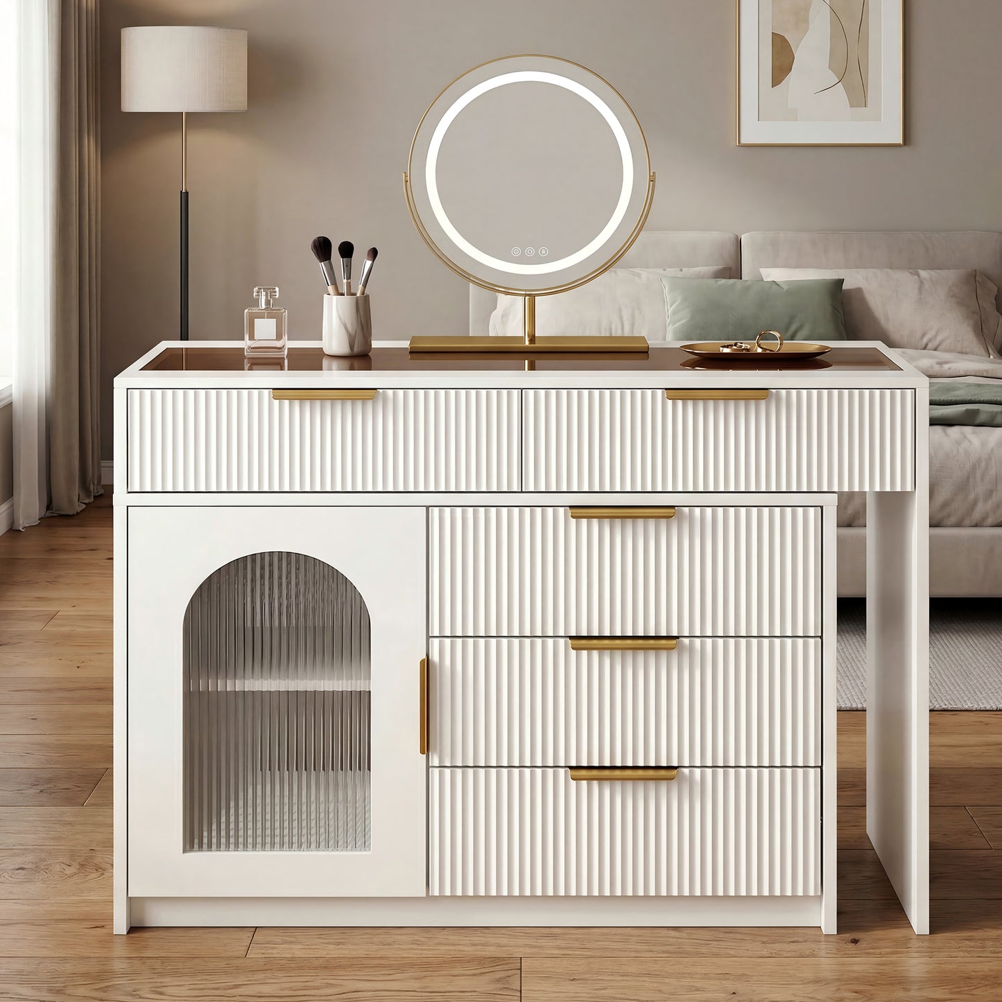 Moderner Schminktisch mit Glasplatte, Ausziehbarer Frisiertisch mit LED beleuchtetem Spiegel & Riffeloptik, Weiß,H75/B90-160/T40cm