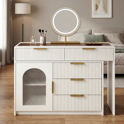Moderner Schminktisch mit Glasplatte, Ausziehbarer Frisiertisch mit LED beleuchtetem Spiegel & Riffeloptik, Weiß,H75/B90-160/T40cm