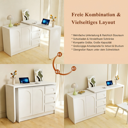Schreibtisch Drehbar 360°, Moderner L-Form Eckschreibtisch Weiß mit 3 Schubladen und Schrank, Platzsparender Computertisch Arbeitstisch für Home Office & Arbeitszimmer-H75/B110-170/T40cm