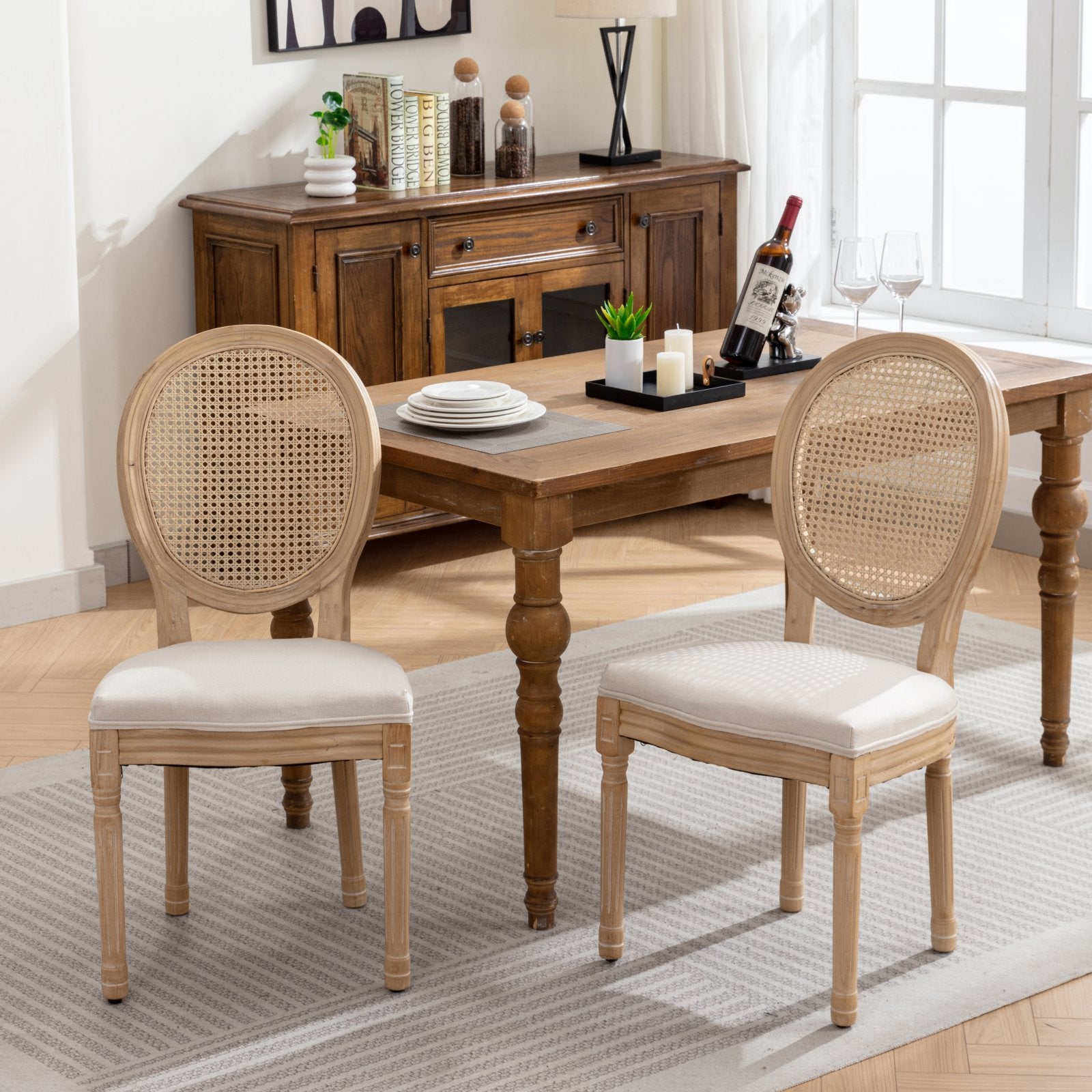 Gigab2b original image - French Style Solid Wood Frame Antique Painting Linen Fabric Rattan Back Dining Chair, Set of 2,Cream,Beige ,DE1843BG