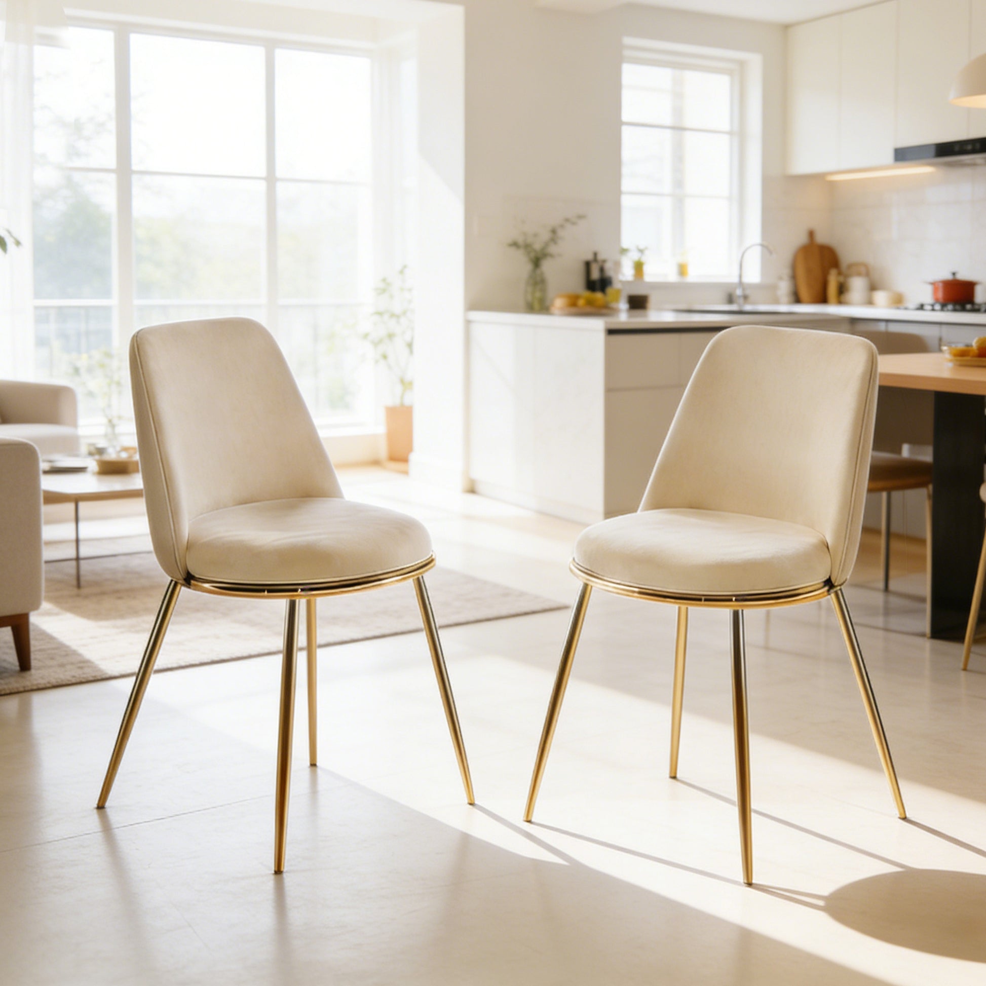 Gigab2b original image - Modern Cream White Dining Chair - Gold-Plated Metal Legs, Velvet Upholstery